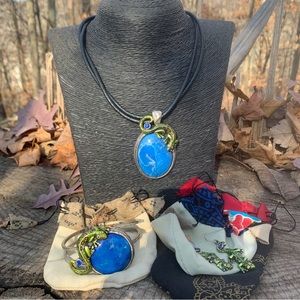 90s Vintage Pewter/Silver/Lapis/Enamel Leather choker, bracelet & earrings